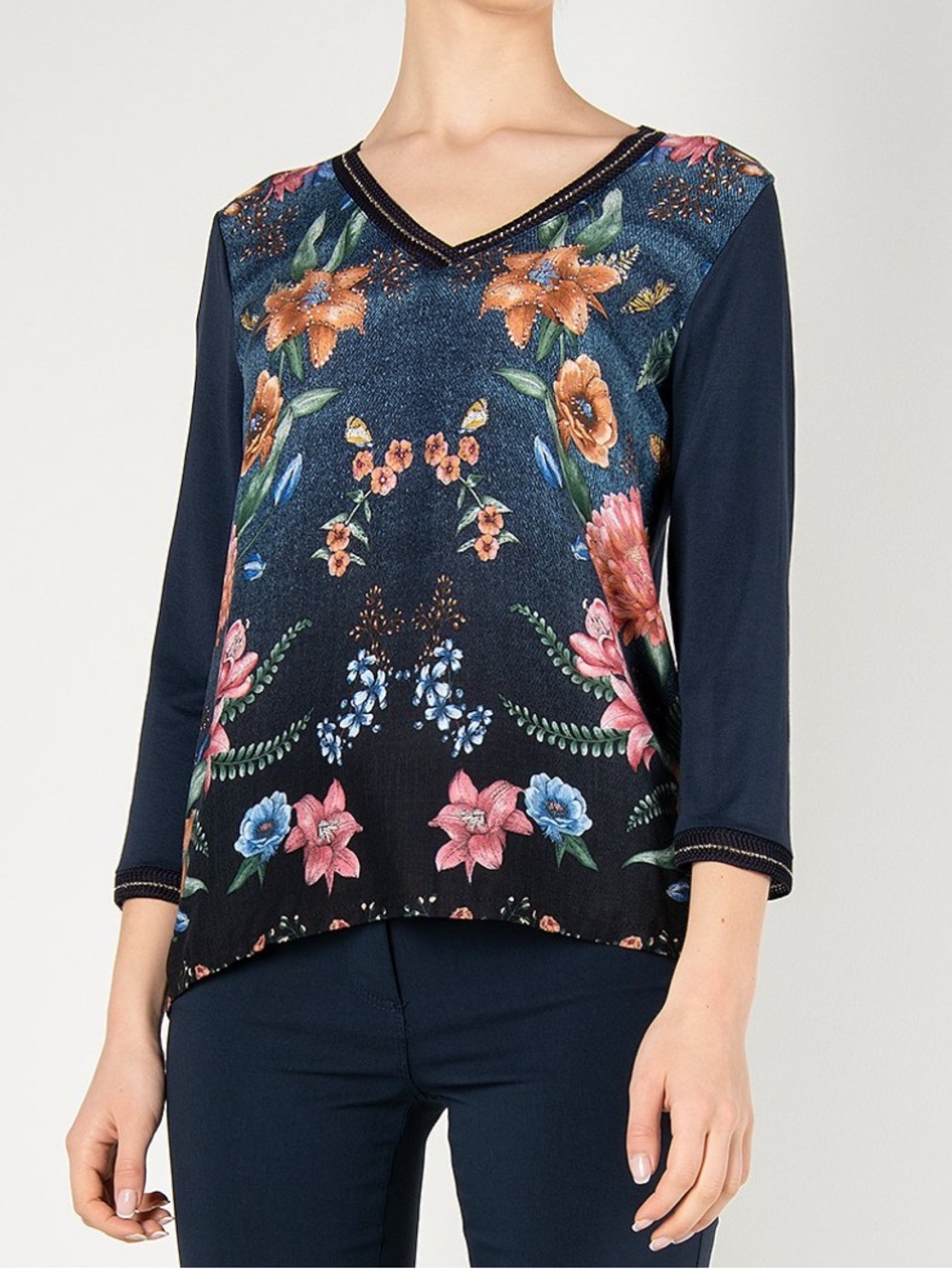 Desigual Navy Floral V-Neck Long Sleeve Top